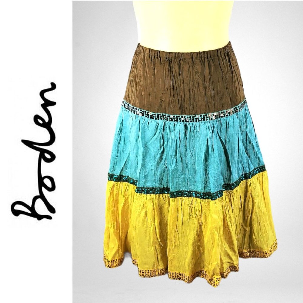 BODEN Brown Teal Yellow Sequin Boho Skirt SZ 12